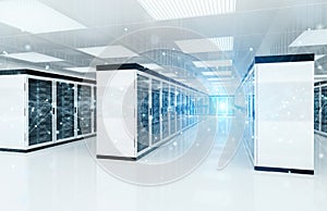 Connection network in servers data center room storage systems 3D rendering