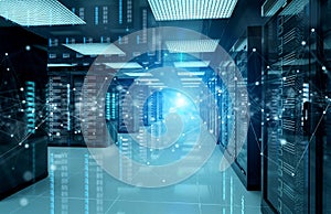 Connection network in servers data center room storage systems 3D rendering