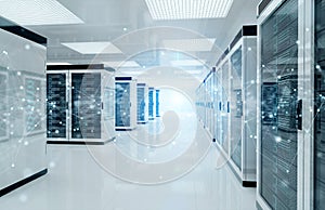 Connection network in servers data center room storage systems 3D rendering