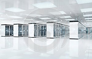 Connection network in servers data center room storage systems 3D rendering