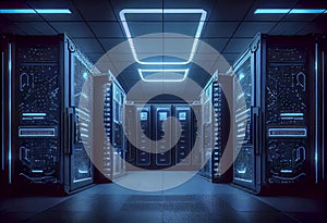 Connection network in servers and storage systems in data center rooms.