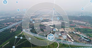 Connection between partners. business communications. Flying over a modern factory. Smart factory top view