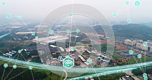 Connection between partners. business communications. Smart factory top view. Flying over a modern factory