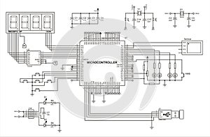 Connection of peripheral devices (terminal, keyboard, lcd display, usb) to the microcontroller.