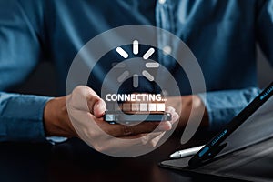 Connection Update software and installing in computer. Man upgrade program, Business technology internet loading bar with