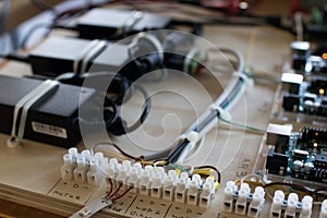 Connections of a circuit that manages LED strips in an interactive lighting prototype. Microcontroller in
