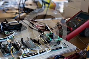 Connections of a circuit that manages LED strips in an interactive lighting prototype. Microcontroller in