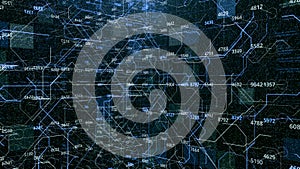 Connections and numbers inside matrix. Animation. Set of numbers and values on background of cybernetic moving lines