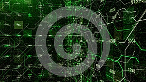 Connections and numbers inside matrix. Animation. Set of numbers and values on background of cybernetic moving lines