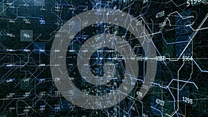 Connections and numbers inside matrix. Animation. Set of numbers and values on background of cybernetic moving lines