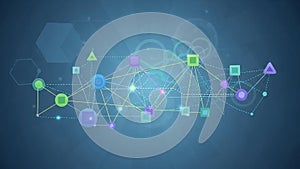 Connectivity, resembling a neural network or data flow. Hexagonal