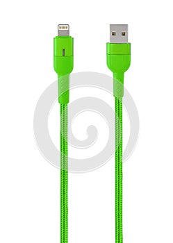 connector with cable, USB, Lightning, green, isolated on white background