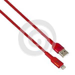 connector with cable, USB, Lightning, red, isolated on white background