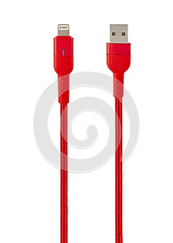 connector with cable, USB, Lightning, red, isolated on white background