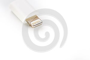 Connector lightning on a white background. This is a proprietary connector used to connect mobile devices to well-known host