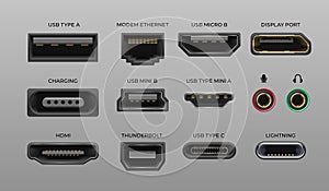 Connector and ports. USB type A and type C, video ports hand drawnMI DVI and Displayport, audio coaxial, thunderbolt and photo