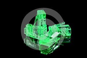 Connector rj-45. Four neon green transparent connectors rj45 for network and internet. Close-up macro isolated on black background