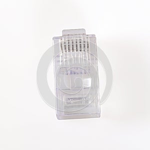 Connector rj-45. Transparent connector rj45 for network and internet. Close-up macro isolated on white background