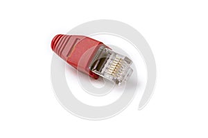 Connector RJ45 6 category with red cap on a white background