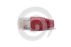 Connector RJ45 6 category with red cap on a white background