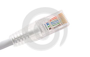 Connector RJ45 on patch cable isolated over white background