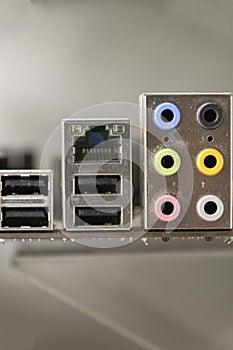 Connectors on the old motherboard for a personal computer close