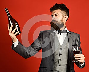 Connoisseur with serious face looking at bottle of merlot