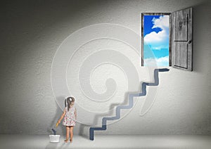 Conquer concept, child girl draws stairs for the exit