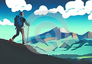 Conquering the Peaks: A Majestic Illustration of a Mountain Climber in a Breathtaking Landscape