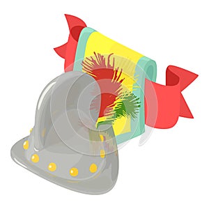 Conquistador helmet icon isometric vector. Morion helmet with feather and shield