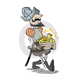 Conquistador soldier with big crate of gold