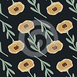 Conrast nature seamless pattern with pale beige flowers silhouettes. Dark background