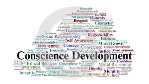 Conscience Development Word Cloud. Keywords About Morality, Ethics, And Values