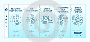 Conscious nutrition rules onboarding vector template. Eat when hungry and listening body signals. Responsive mobile