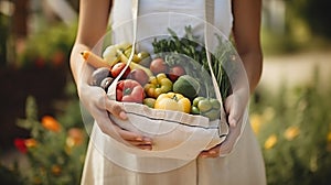 Conscious Shopping: Woman Buying Fresh Produce with Eco Bags at Farmers Market. Generative ai