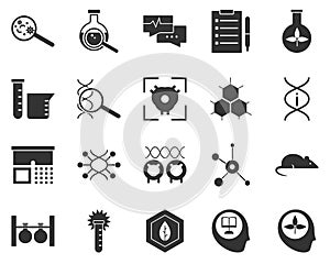 Consciousness, learning, biology. Bioengineering glyph icons set. Biotechnology for health, researching, materials creating.