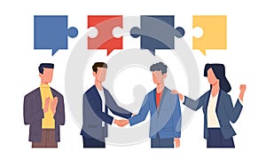 Consensus. Agreement in discussion. People shake hands. Puzzle connection. Successful negotiation. Business