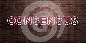 CONSENSUS - fluorescent Neon tube Sign on brickwork - Front view - 3D rendered royalty free stock picture