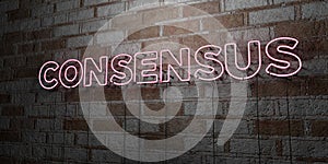 CONSENSUS - Glowing Neon Sign on stonework wall - 3D rendered royalty free stock illustration