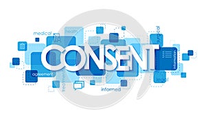 CONSENT typography on blue squares