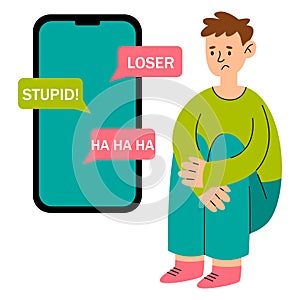 Consept cyberbullying. Sad man with big phone. Offensive messages in social networks. Cancel culture.