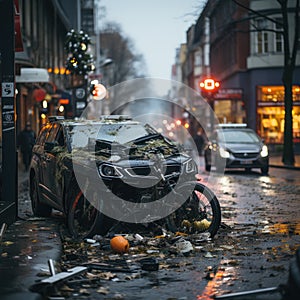 the consequence of a collision between a bicycle and a car on the road.