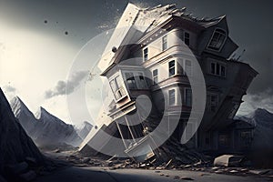 Consequences of an earthquake in the city. Tectonic plate shift and tectonic fault concept. AI generated photo