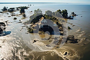 Consequences of flooding in the city, aerial view.