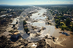 Consequences of flooding in the city, aerial view.