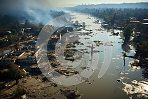 Consequences of flooding in the city, aerial view.