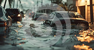 The consequences of the strongest hurricane in the city. A car sinks in water on a flooded street