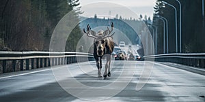 Conservation of wild animals. Elk crossing the road. Generative AI