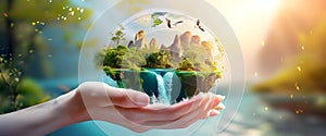 Conservationist shows beautiful scenery. Icon. A world with beautiful scenery in hand. Hologram. Love the world. Generative AI