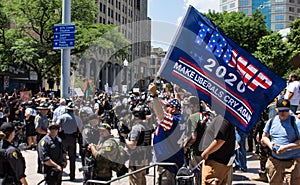 Conservative Demonstrator Holds Up a Trump 2020 Flag that Reads Make Liberals Cry Again